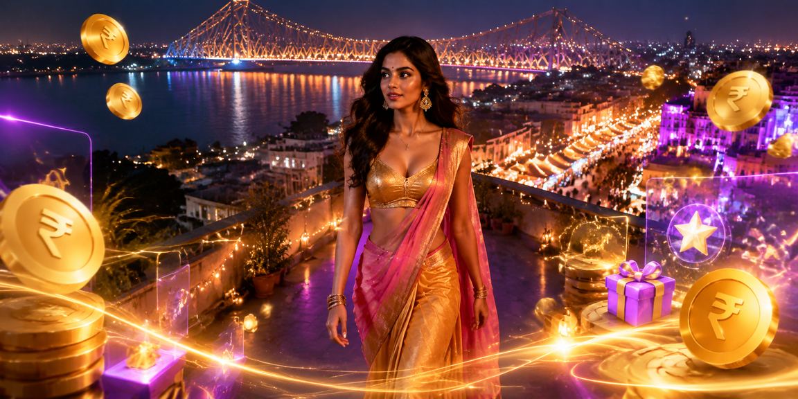 View of Howrah Bridge with casino app and Indian rupee symbols