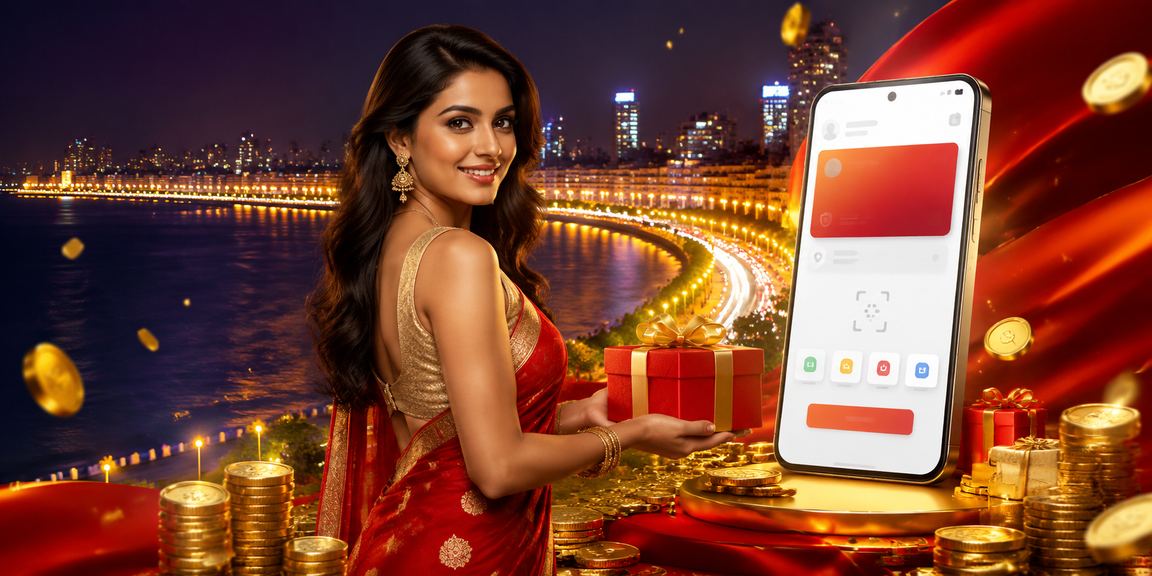 Mumbai Marine Drive with mobile payment concepts in red and gold